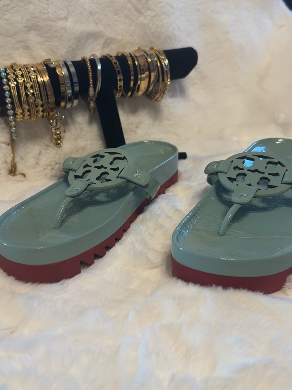 Tory Burch Seafoam Patent Miller Lug Flip Flop with Red Sole